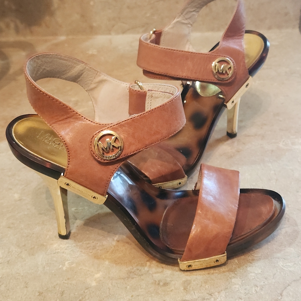 Michael Kors Brown Leather Tortoise Shell Sandal Heels